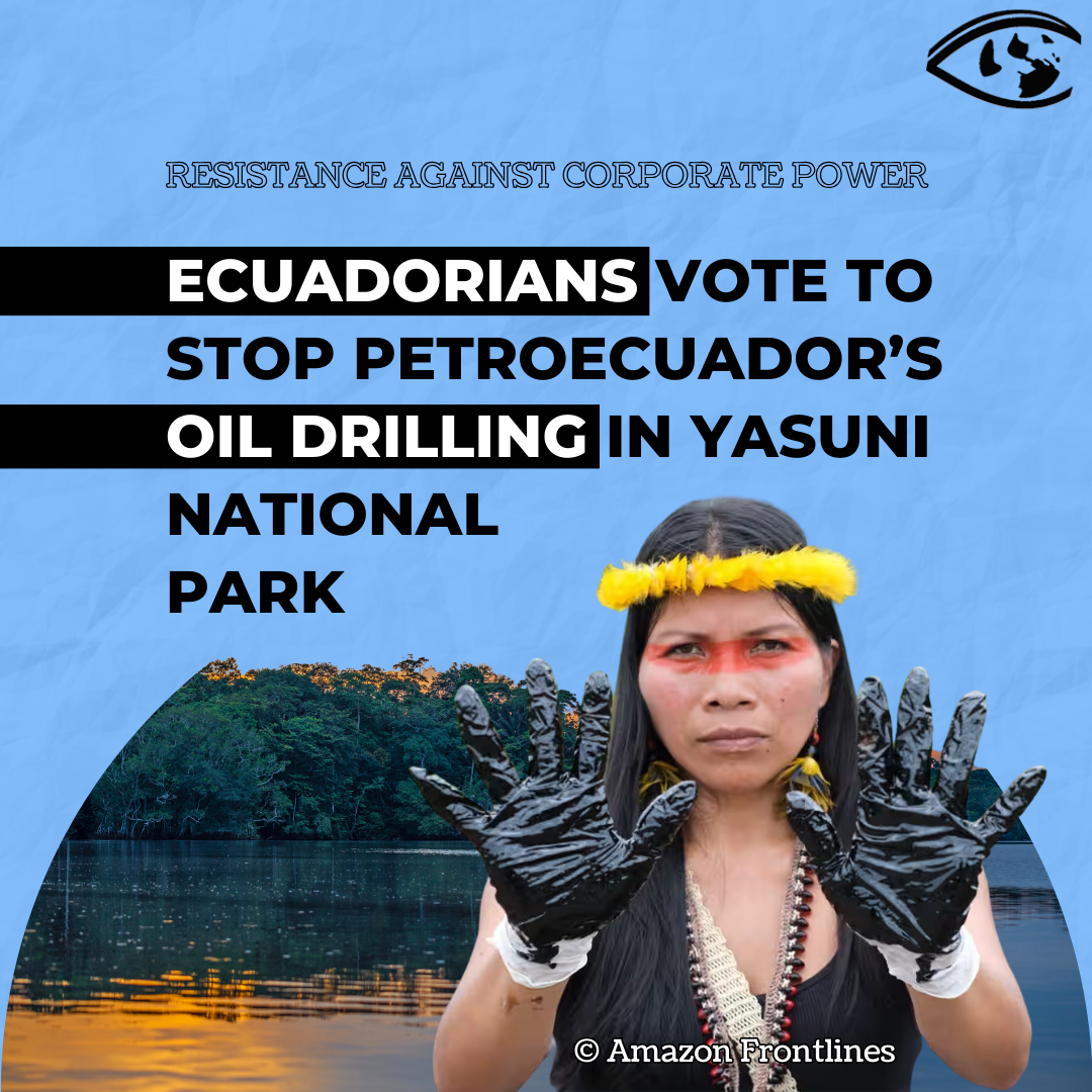 Nemonte Nenquimo at oil spill near Shushufindi, Ecuador. Photo: Sophie Pinchetti/Amazon Frontlines ©