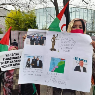 Saharawis demonstrated against Siemens Gamesa PHOTO Western Sahara Resource Watch & Western Sahara Is Not For Sale