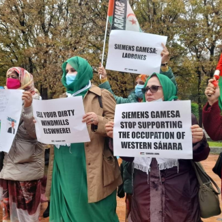 Saharawis demonstrated against Siemens Gamesa PHOTO Western Sahara Resource Watch & Western Sahara Is Not For Sale