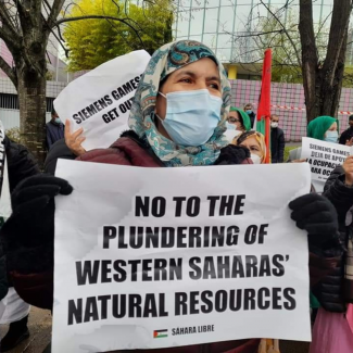 Saharawis demonstrated against Siemens Gamesa PHOTO Western Sahara Resource Watch & Western Sahara Is Not For Sale