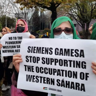 Saharawis demonstrated against Siemens Gamesa PHOTO Western Sahara Resource Watch & Western Sahara Is Not For Sale