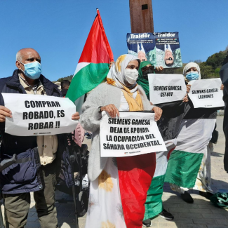 Saharawis demonstrated against Siemens Gamesa PHOTO Western Sahara Resource Watch & Western Sahara Is Not For Sale